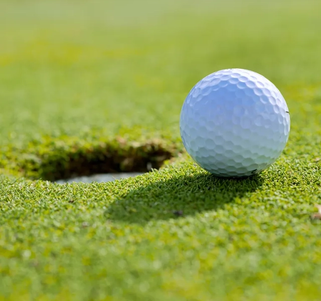 En golfboll som sitter på toppen av ett grönt fält.