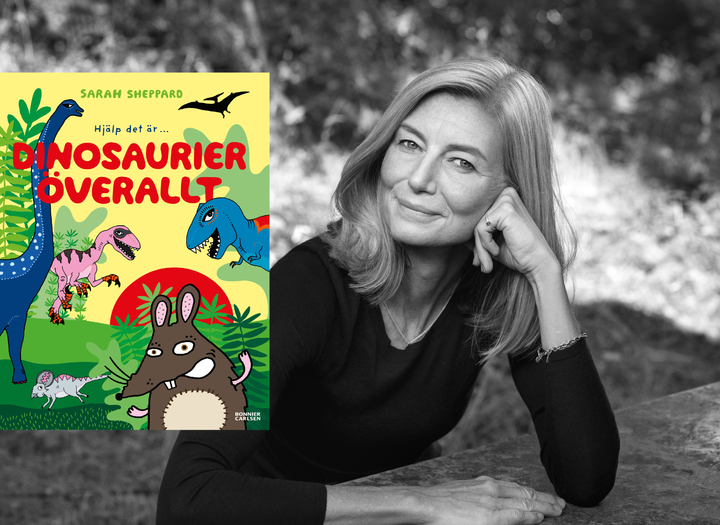 Omslag boken Hjälp det är... Dinosaurier överallt, svartvit bild på Sheppard