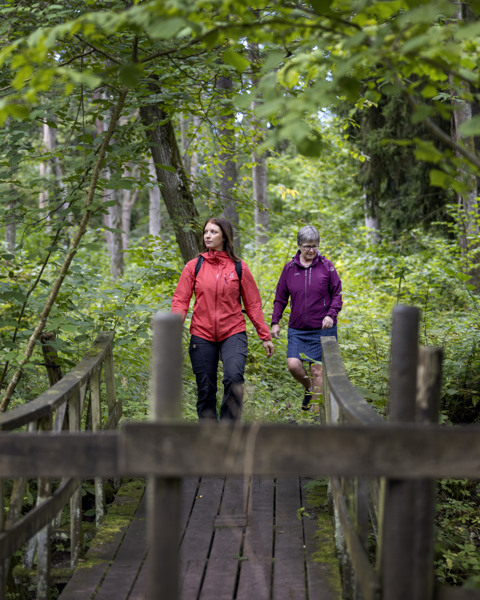 Några kvinnor går över en träbro.