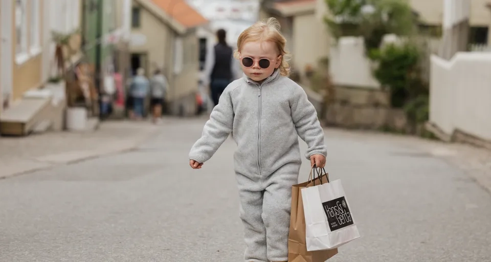 En liten flicka går längs en gata med en shoppingväska i handen.