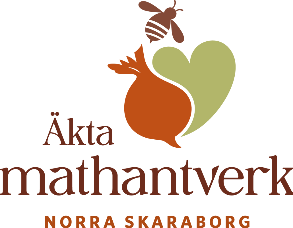 Logotyp för Äkta mathantverk norra Skaraborg med en beta, ett hjärta och ett bi. Grafisk illustration.