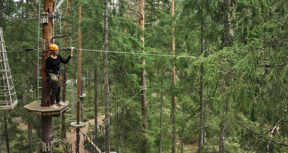 En person på en repbana i en skog.