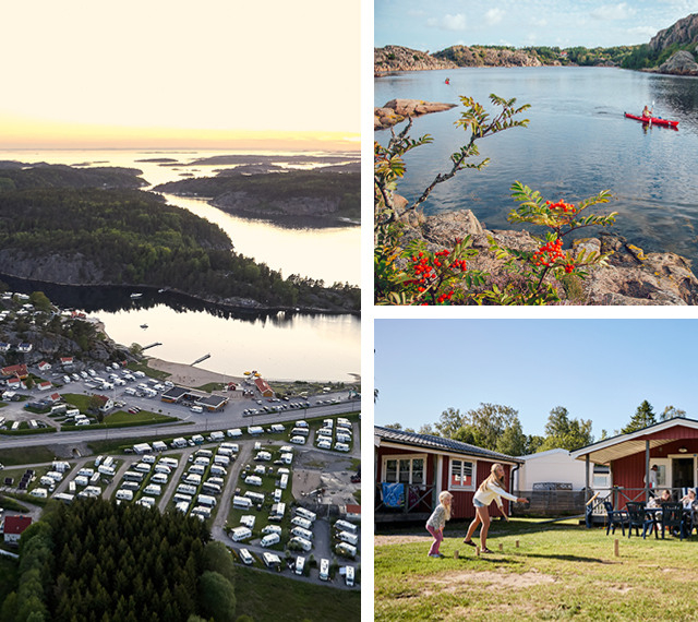 Eine Collage von Fotos eines Sees und eines Campingplätze.