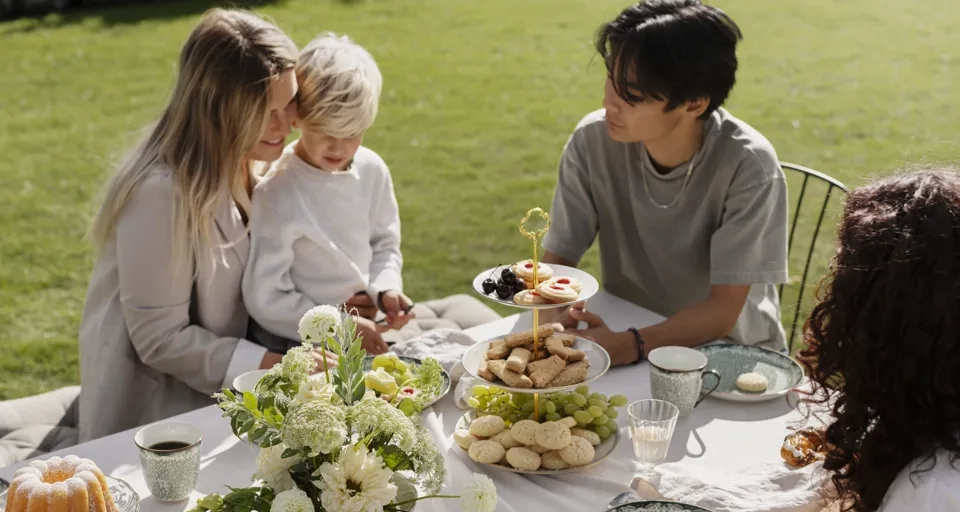 Fikande familj utomhus. 