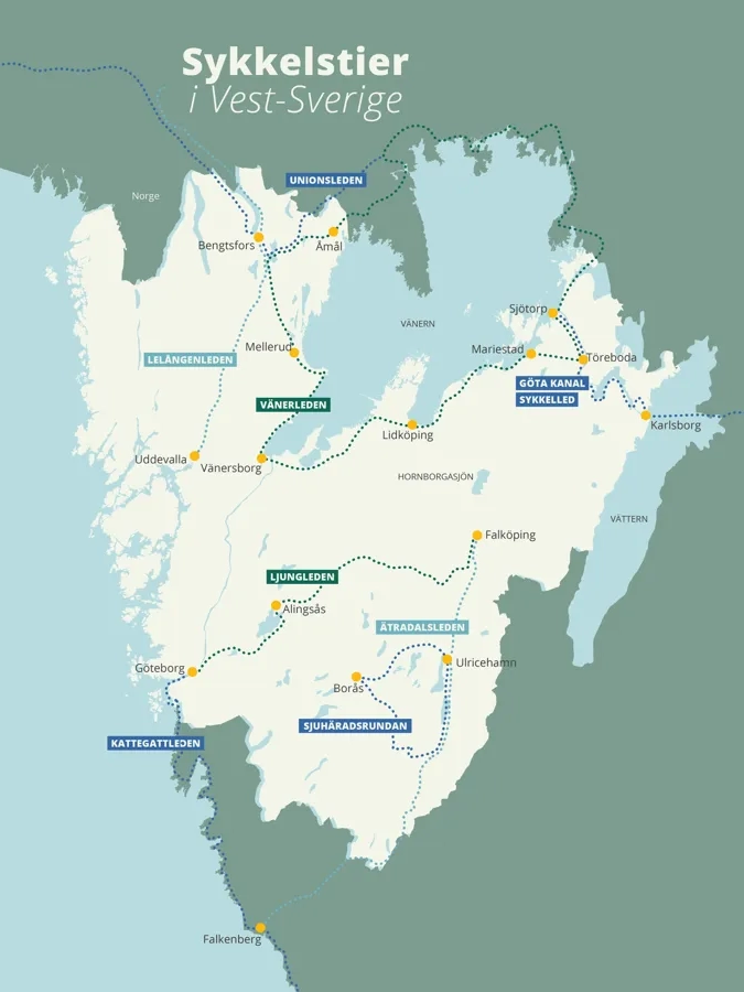 Karta över cykelleder i Västsverige