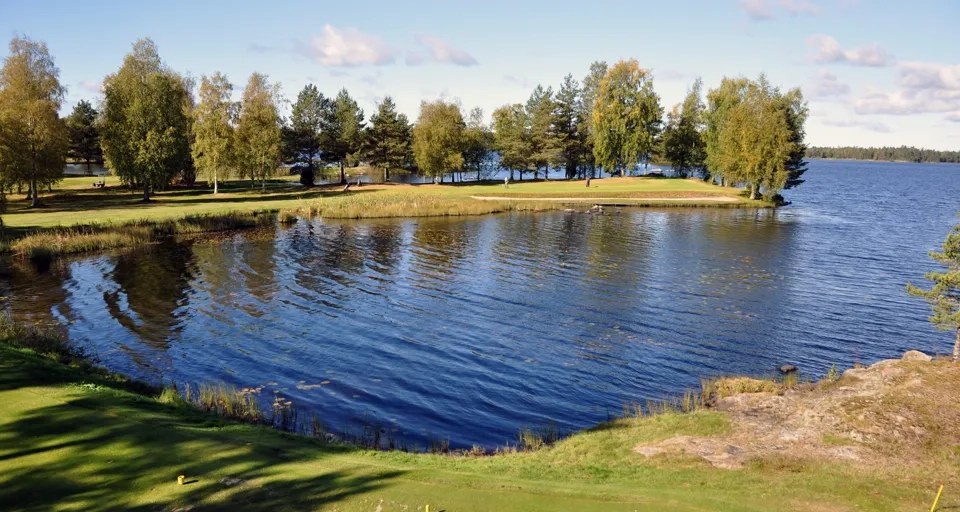 A small house sitting on top of a lush green field next to a lake.