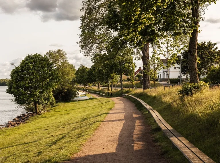 Ein unbefestigter Weg neben einem Gewässer.