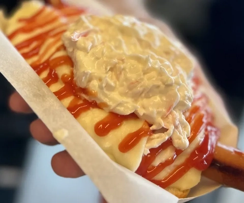 En person som håller i en varmkorv med senap, ketchup, mos och röra.