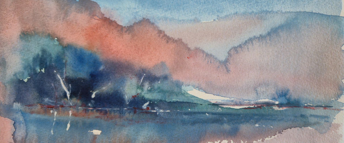 Akvarell i blått och rött som visar ett landskap
