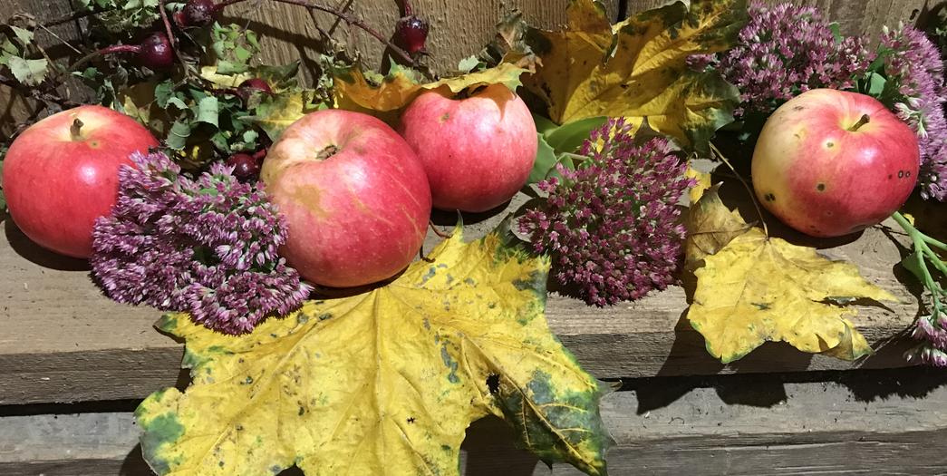 Röda äpplen och höstblommor på en nisch i väggen