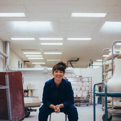 En kvinna sitter på en stol i en keramisk verkstad