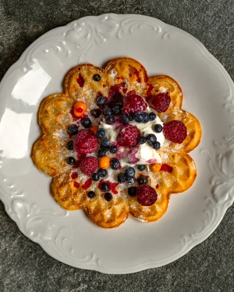 En vit tallrik toppad med våfflor täckta med frukt.