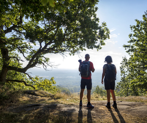 A couple of people standing on top of a hill.