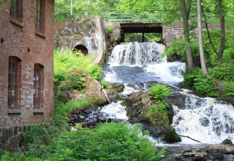 Ein kleiner Wasserfall, der durch einen üppigen grünen Wald fließt.