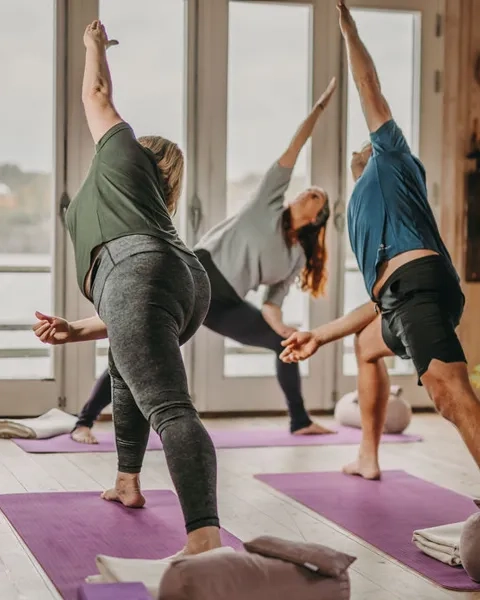 Personer som håller på med yoga i en yogastudio.