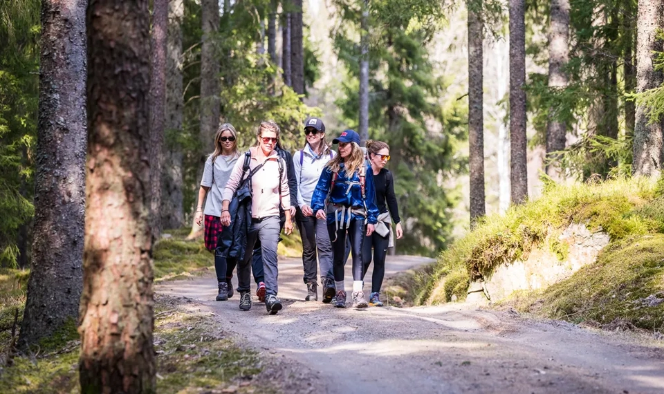 En bild på ett gäng tjejer iklädda träningskläder som går längs en slingrande grusväg i skogen.