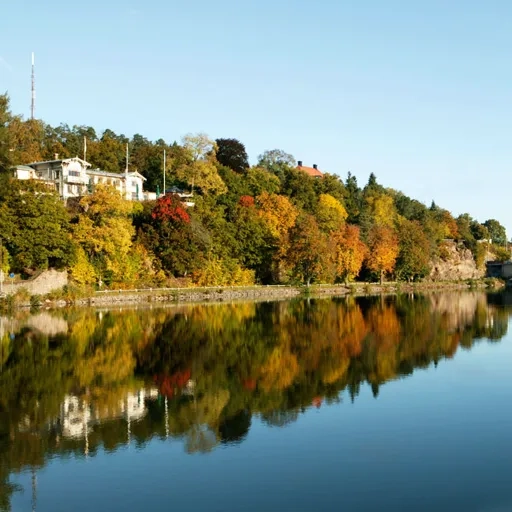 Utsikt över Göta älv och Albert Kök, Hotell och konferens omgivet av träd under hösten.