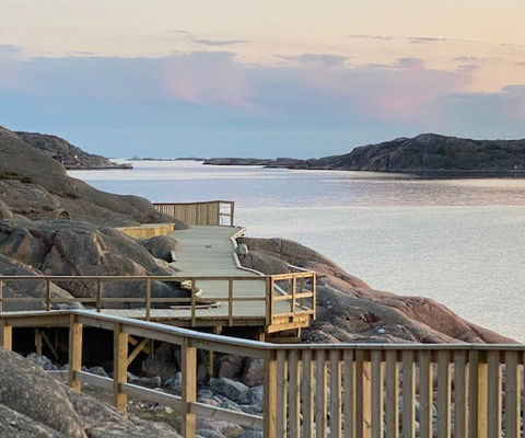 En gångväg av trä som leder till ett vattendrag.