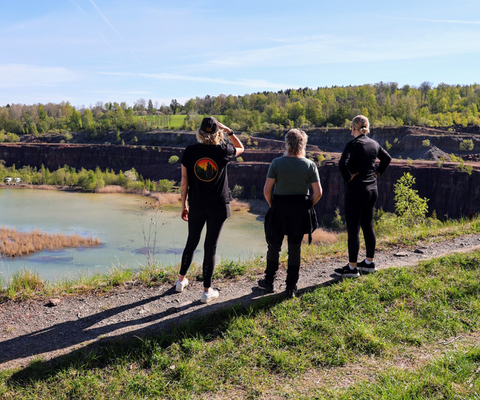 Three people standing and looking out over water and a plateau mountain.