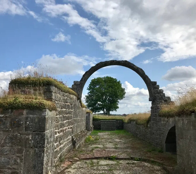 Stenruin med ett träd i bakgrunden.