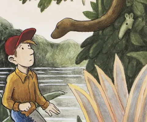 En målning av en pojke som står framför en damm.