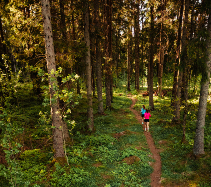 Två personer som springer längs en stig i skogen.