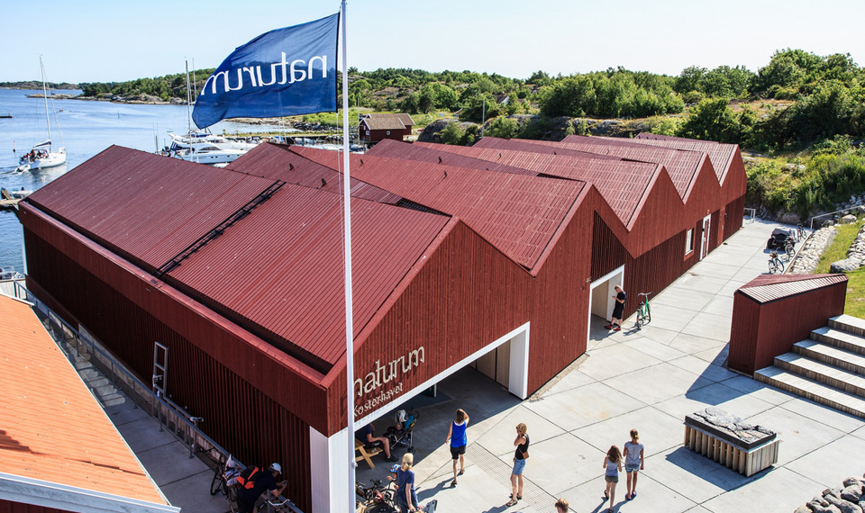 Byggnad som inrymmer naturum Kosterhavet, Framför entrén finns gräsyta och sittplatser och baksidan är mot havet.