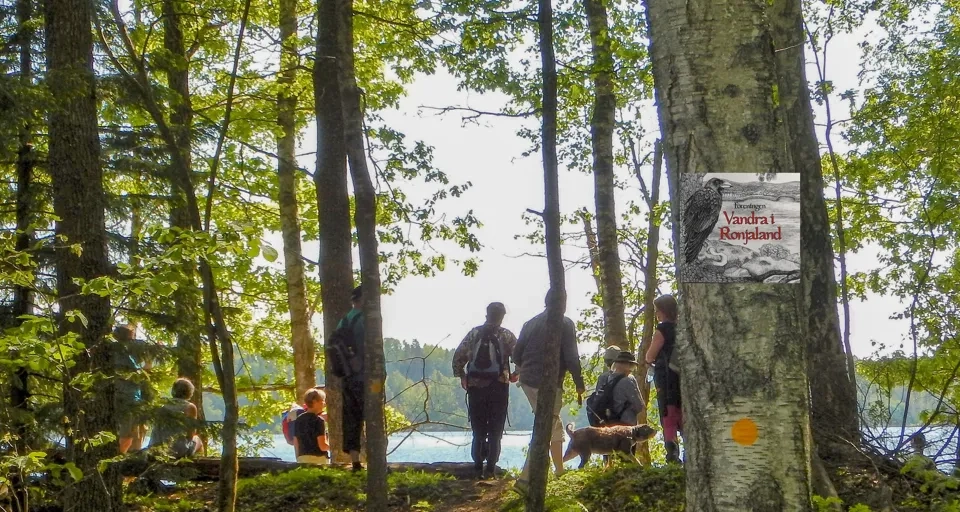 Vandrare i lövskog. Vandra i Ronjalands logo sitter monterad på en trädstam.