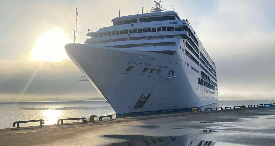 Ett stort kryssningsfartyg dockat vid en pir.