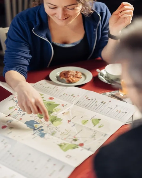 Två människor planerar sin vandring över en fika.