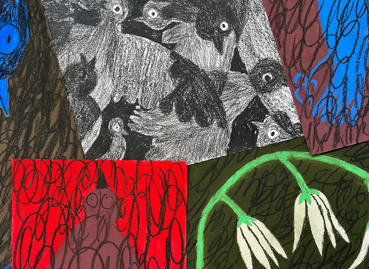 Collage av teckningar av Karin Cyrén med fåglar, en figur och blommor.