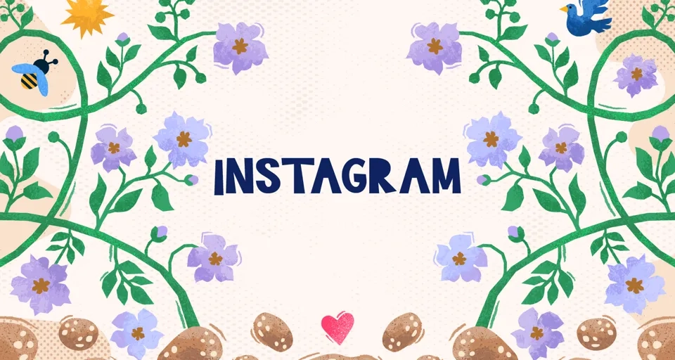 Ordet instagram omgivet av blommor och stenar.