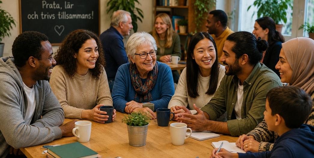 AI genererad visar en grupp som samtalar