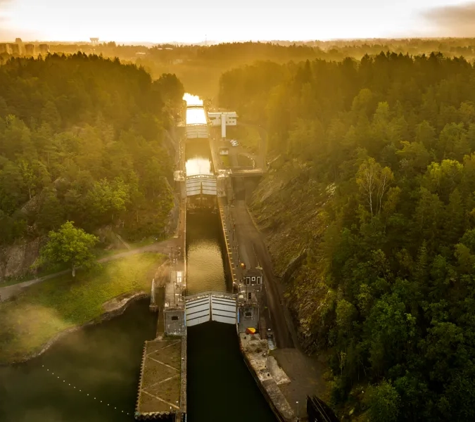 Vy över slusstrappan i Trollhättan