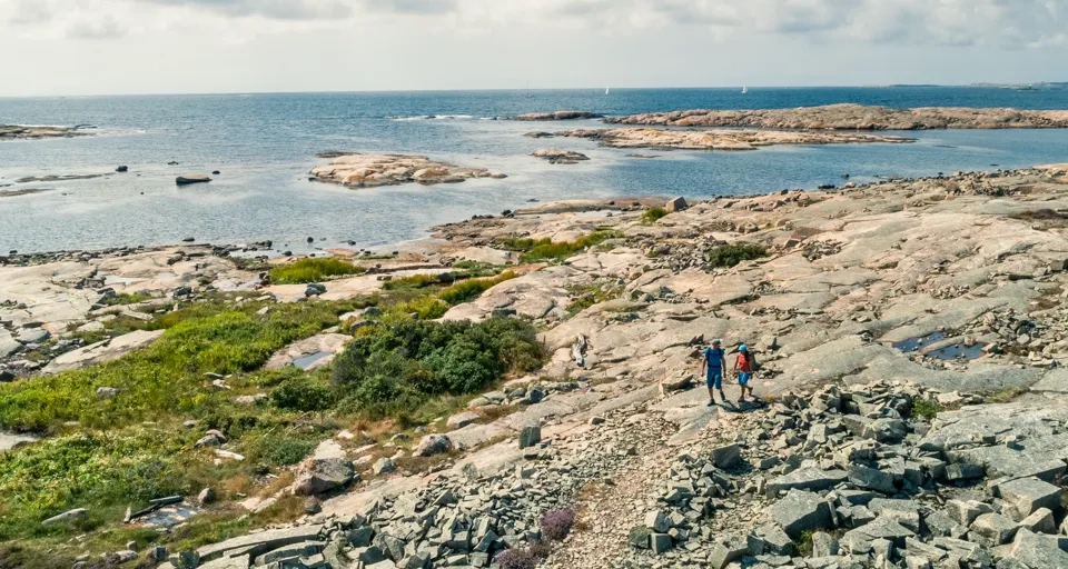A couple of people standing on top of a rocky beach.