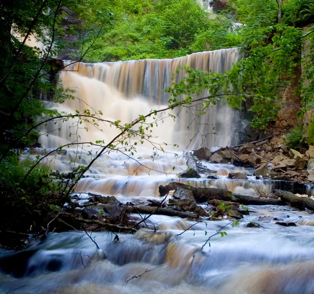 Ett vattenfall med vatten som rinner ner omgivet av träd.