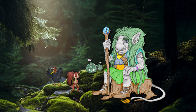 Billingetrollet sitting on top of a tree stump.