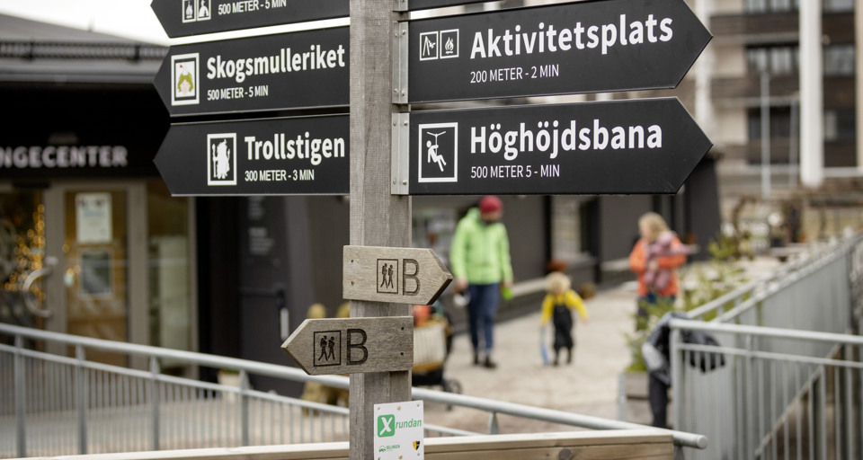 En gatuskylt med många olika skyltar på.