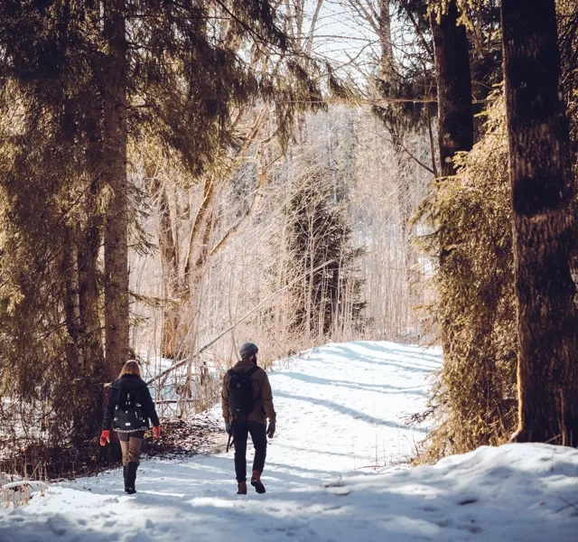 Vänner som vintervandrar i skogslandskap i Västsverige.