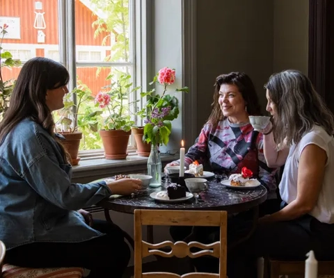 Falkängens hantverksby med historiska byggnader och grönskande omgivningar.