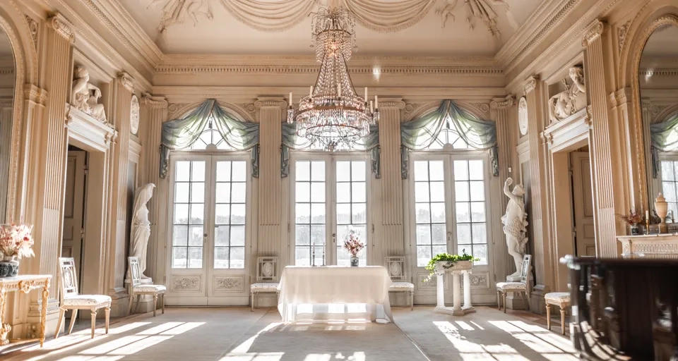 Ett rum med en ljuskrona och ett bord i.