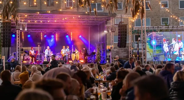 Publik som kollar på en scen med liveband