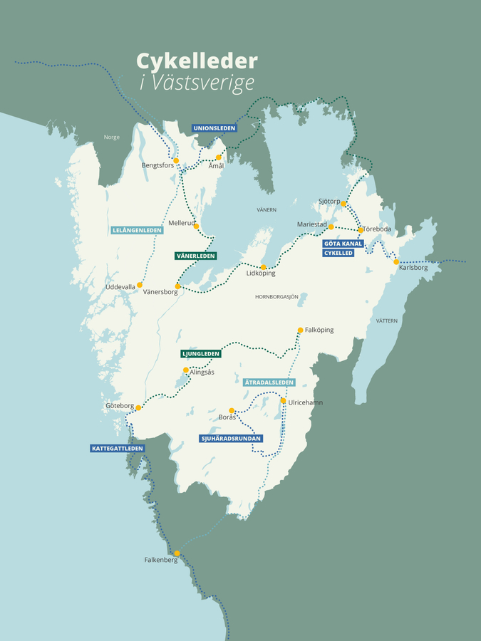 Karta över cykelleder i Västsverige