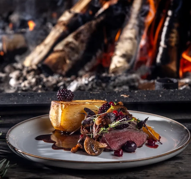 Hjortfilé och rotfrukter på tallrik framför brasa