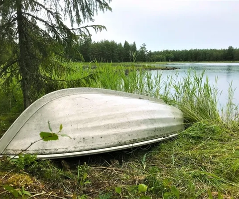 En båt som ligger på stranden av en sjö.