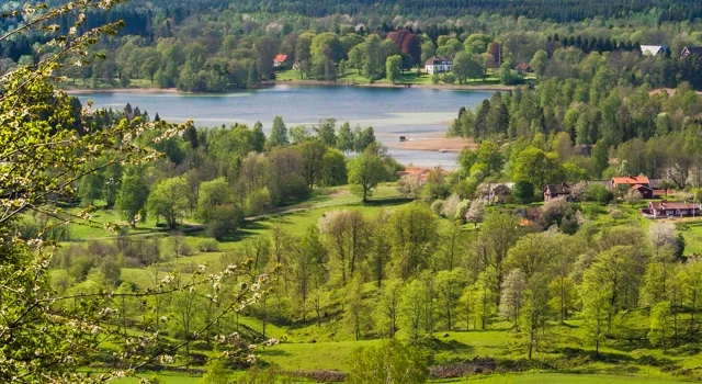 Utsikt över Valle med gröna ängar, körsbärsträd som är på väg att slå ut, sjöar och långt bort i horisonten syns berget Kinnekulle och Vänern.