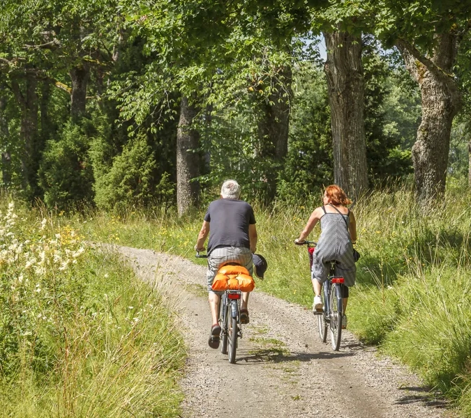 En bild tagen bakifrån på två vuxna som cyklar längs en grusväg i lummig natur