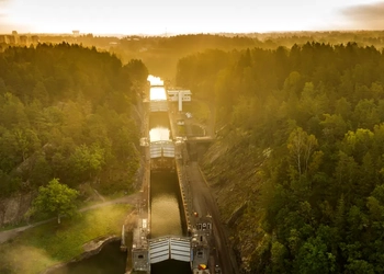 Vy över slusstrappan i Trollhättan