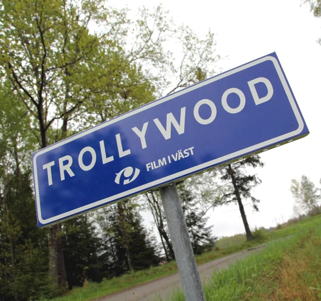 En blå gatuskylt som sitter vid sidan av en väg.