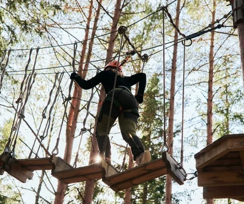 En person klättrar på en repbana genom en skog.